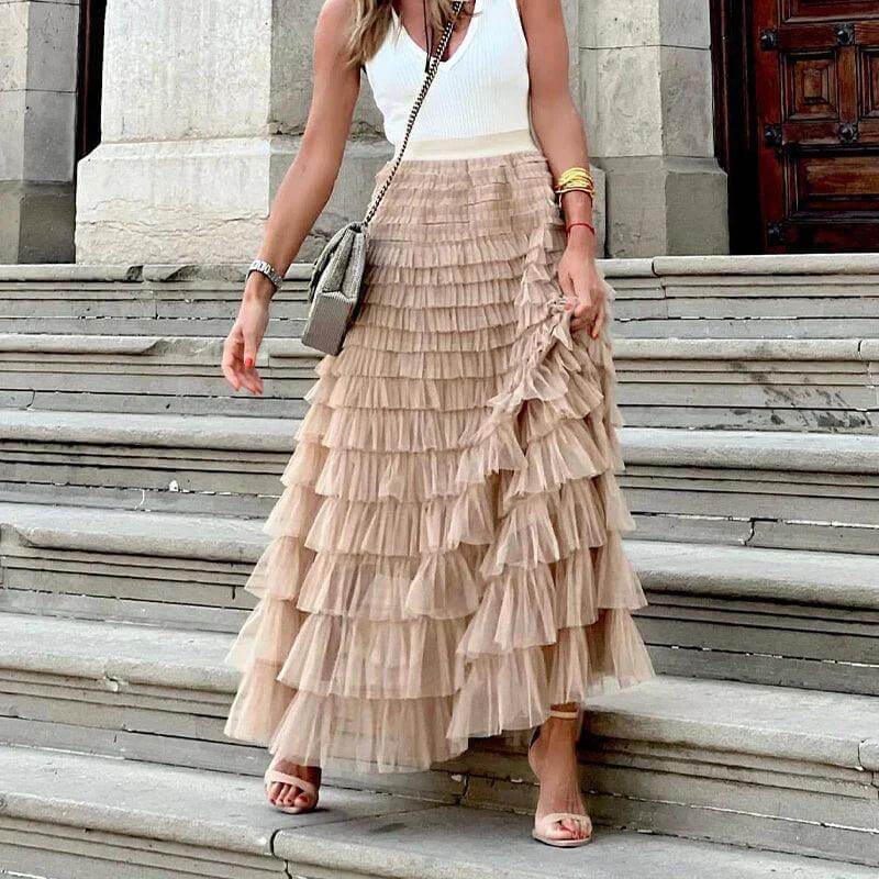 Elegant Pleated Mesh Midi Skirt: Women's Ruffle Detail Skirt