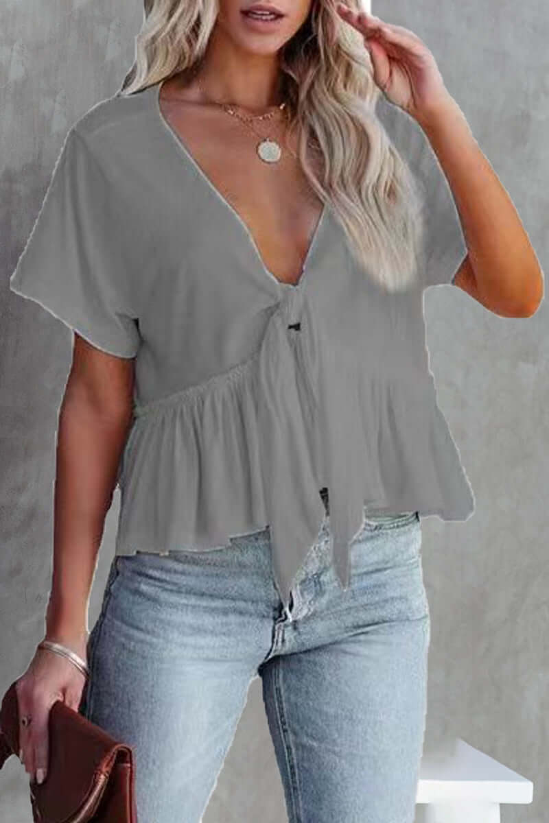 Women's V-Neck Bow Front Blouse - Daily Wear Top