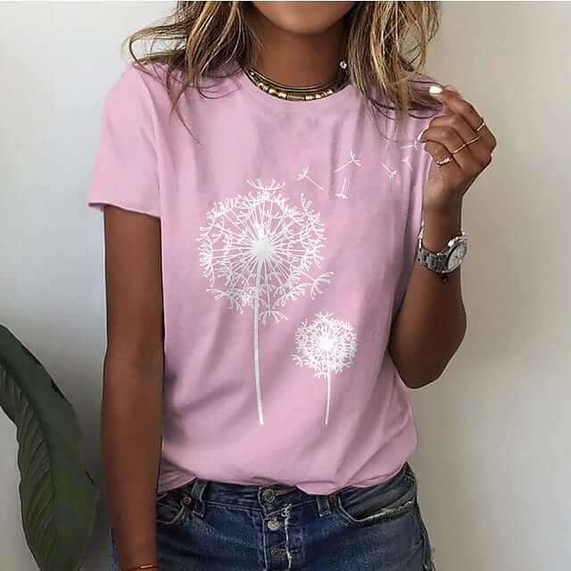 Elegant Dandelion Print Cotton T-Shirt