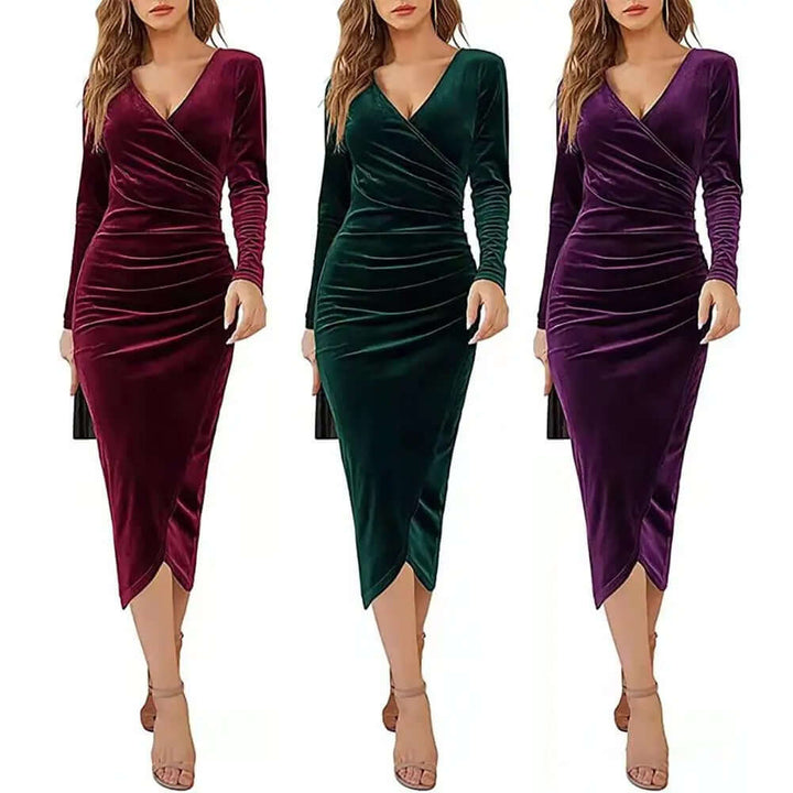 Velvet Midi Dress: Wrap V-Neck, Long Sleeve, Ruched Detail