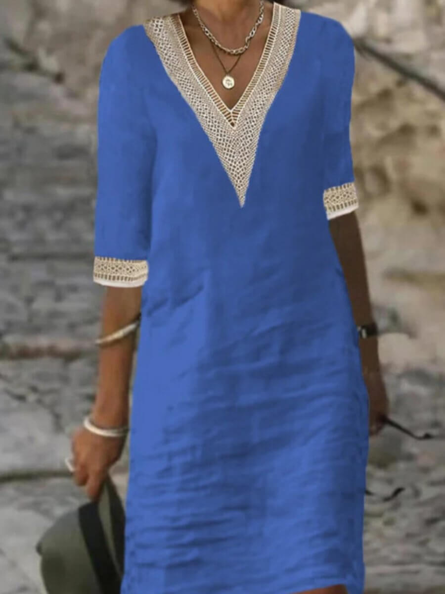 Women's Summer Dress: Relaxed Fit, V-Neck, 3/4 Sleeve