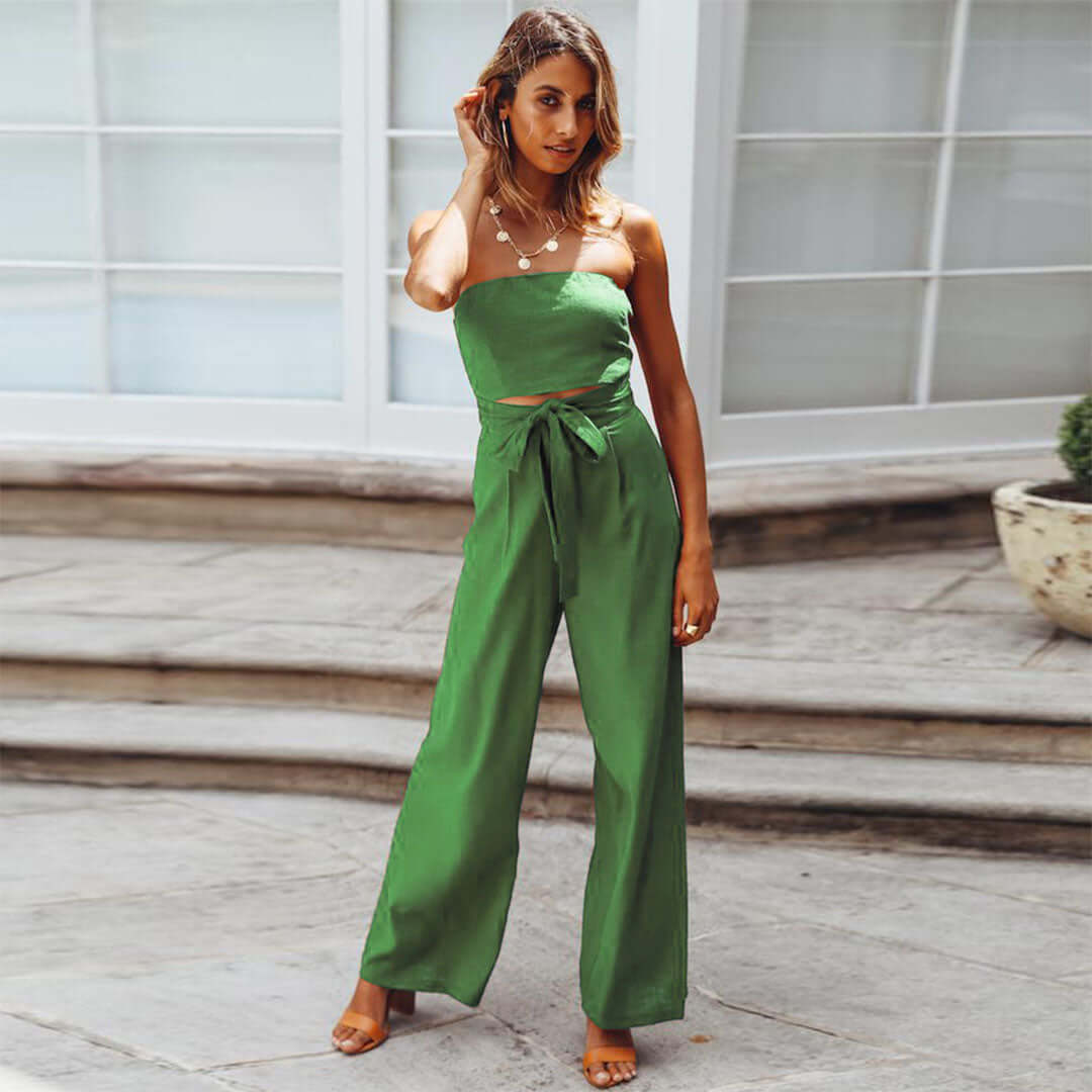 Women's Casual Strapless Jumpsuit with Elastic Waist