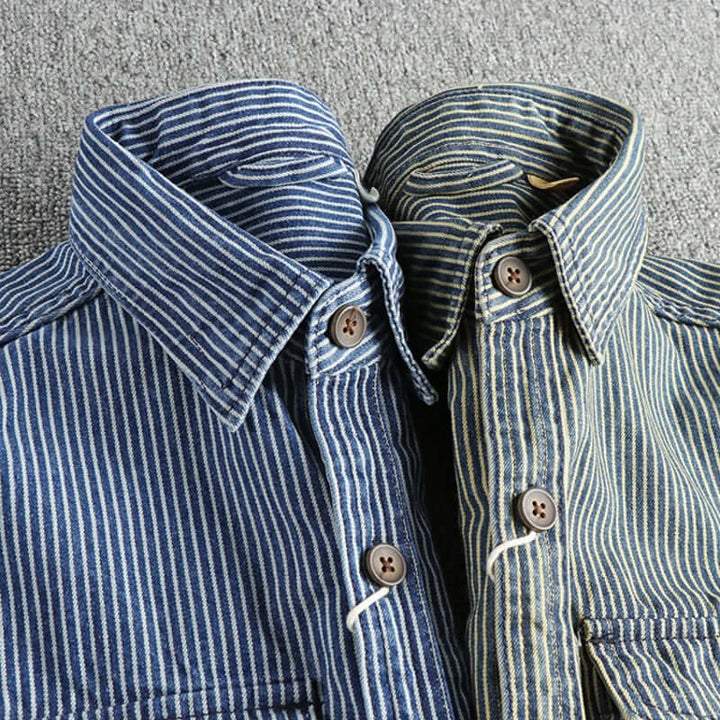 Men's Retro Striped Long-Sleeve Denim Shirt
