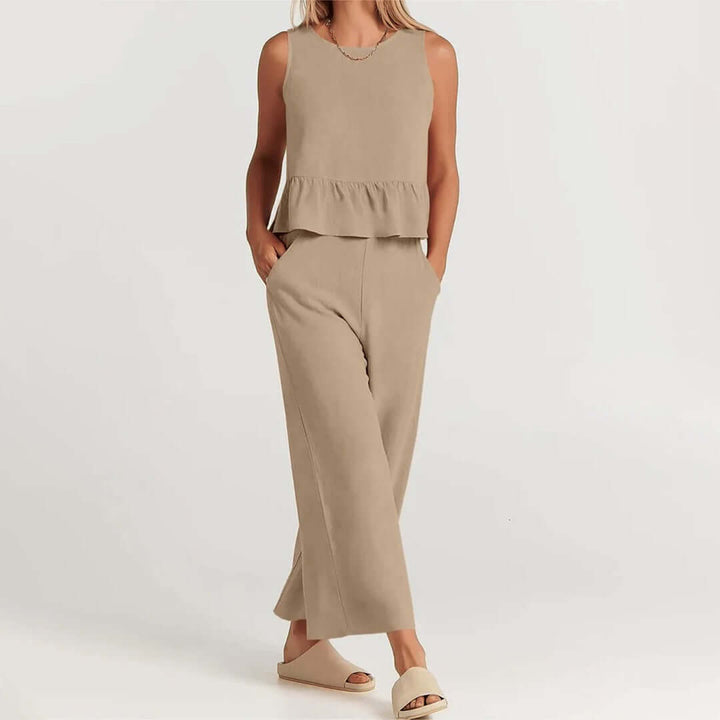 Women's Summer Sleeveless Jumpsuit: Peplum Waist, Wide Leg