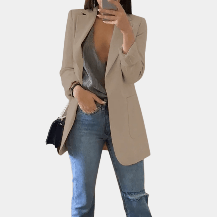 Women's Longline Tailored Blazer: Open Front, Notched Lapel