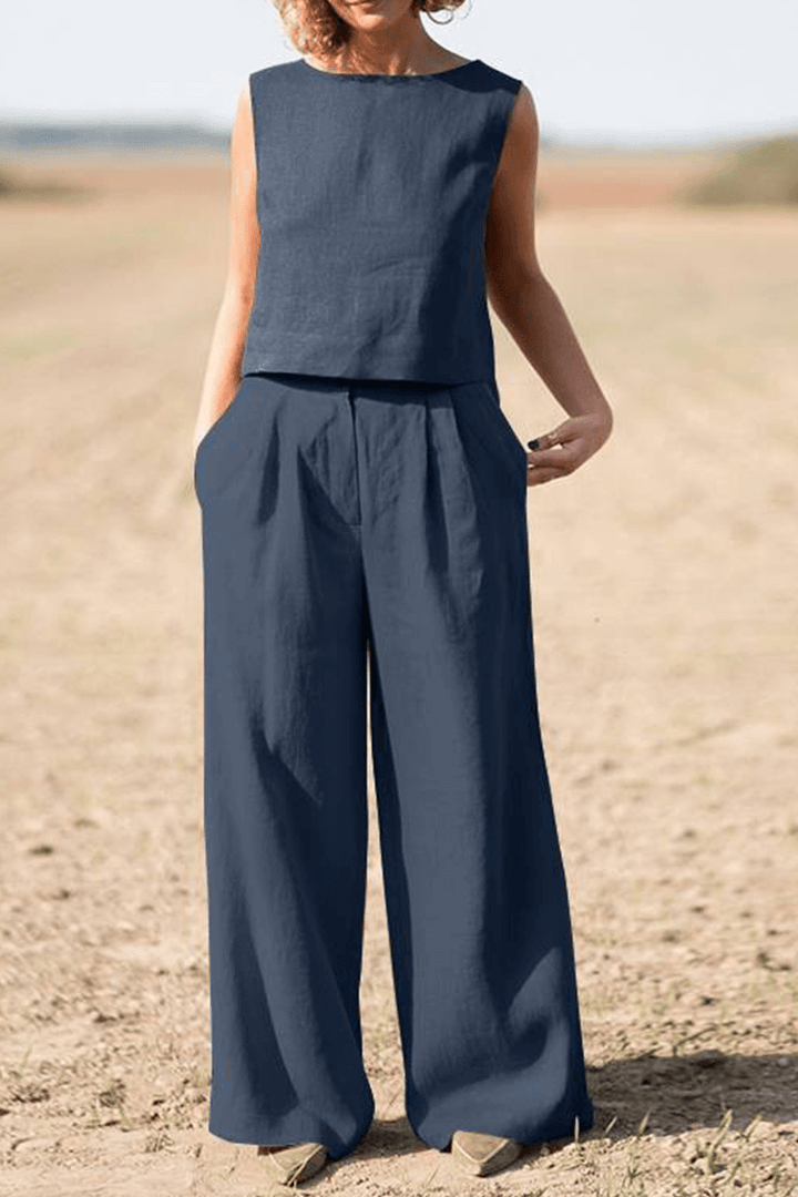 Women's Casual Loose Round Neck Top & Wide Leg Pants Set