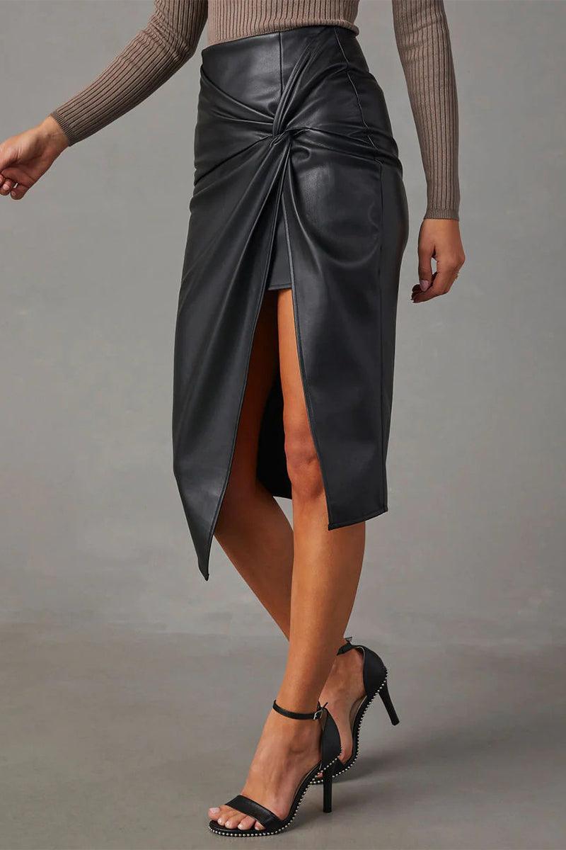 High-Waisted Faux Leather Pencil Skirt with Ruched Detail