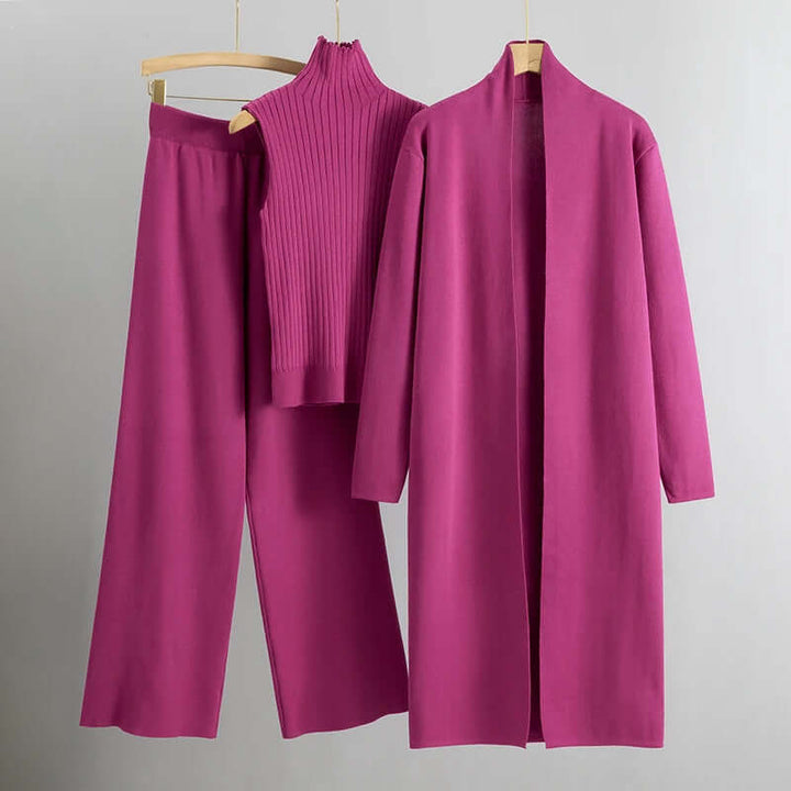 Women's Knitted 3-Piece Set: Sleeveless Top, Cardigan & Wide Leg Pants