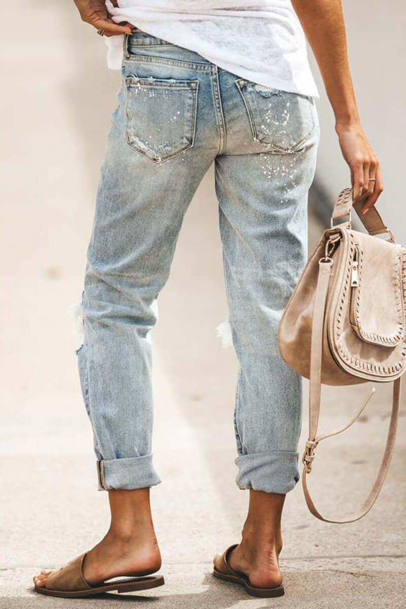 Women's High-Waisted Straight Leg Jeans: Distressed Ripped Denim