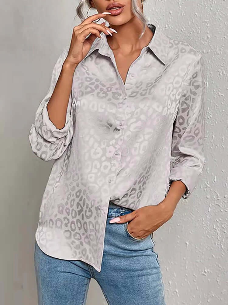 Women's Leopard Print Jacquard Blouse: Stylish Long-Sleeve Top
