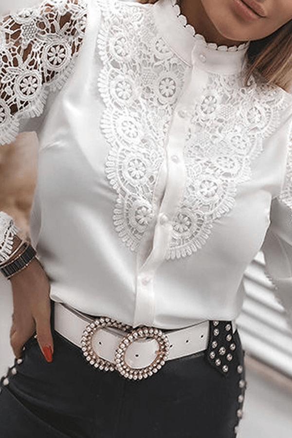 Elegant Lace Cut-Out Mandarin Collar Top