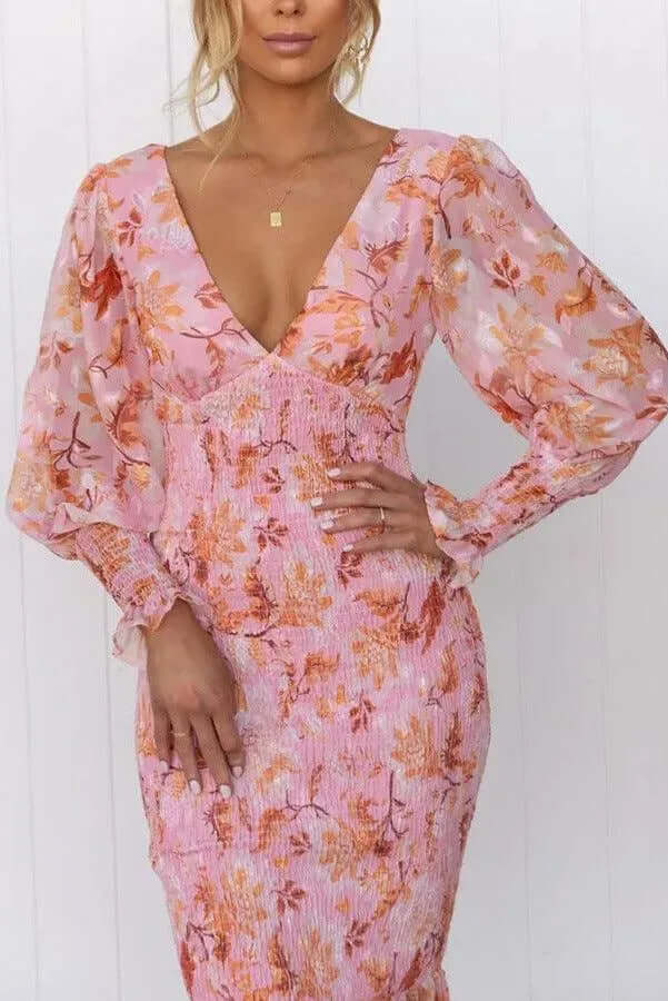 Women's Floral Midi Dress: Fitted, V-Neck, Puff Sleeves