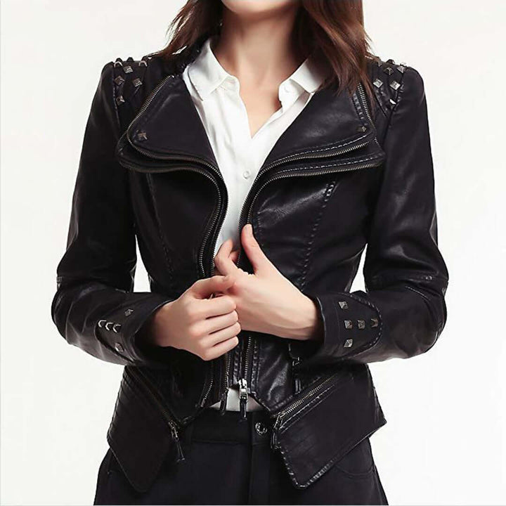 Women's Fitted Biker Leather Jacket with Studded Detail