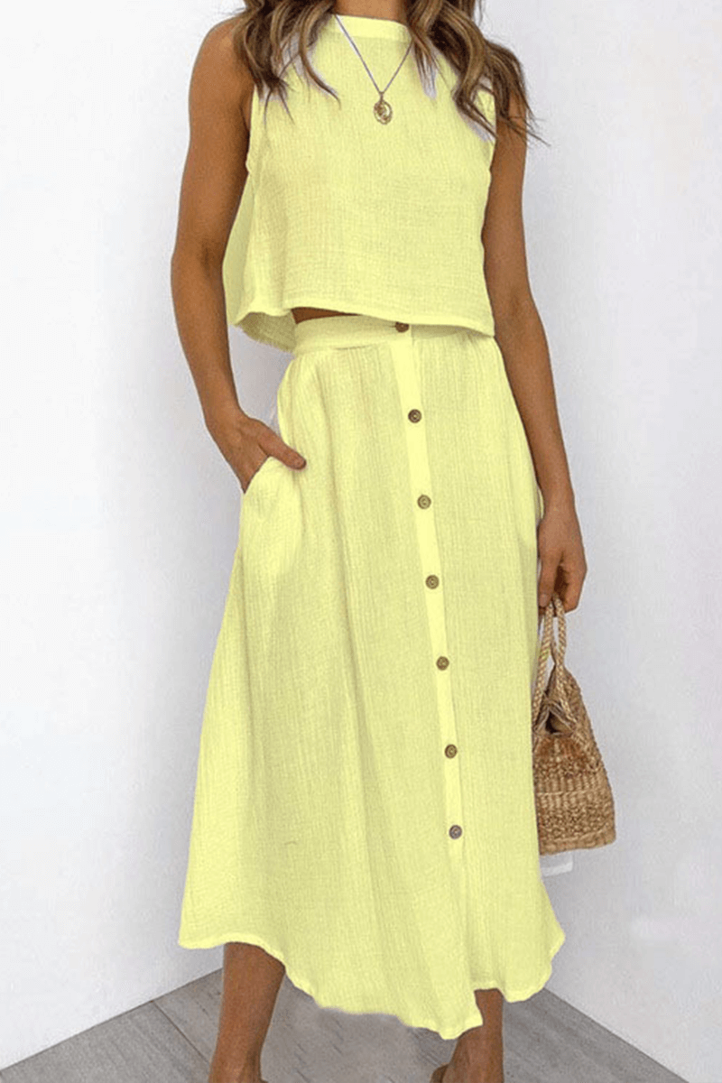 Women's Relaxed Fit Round Neck Top & Midi Skirt Set