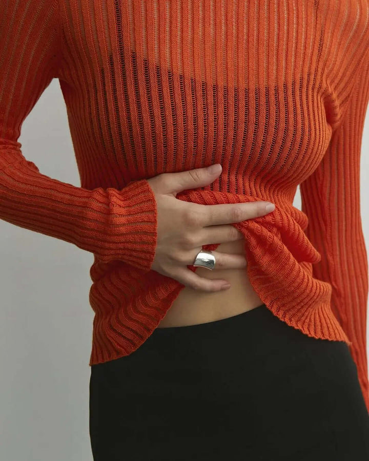 Women's Mesh Long Sleeve Ribbed Top