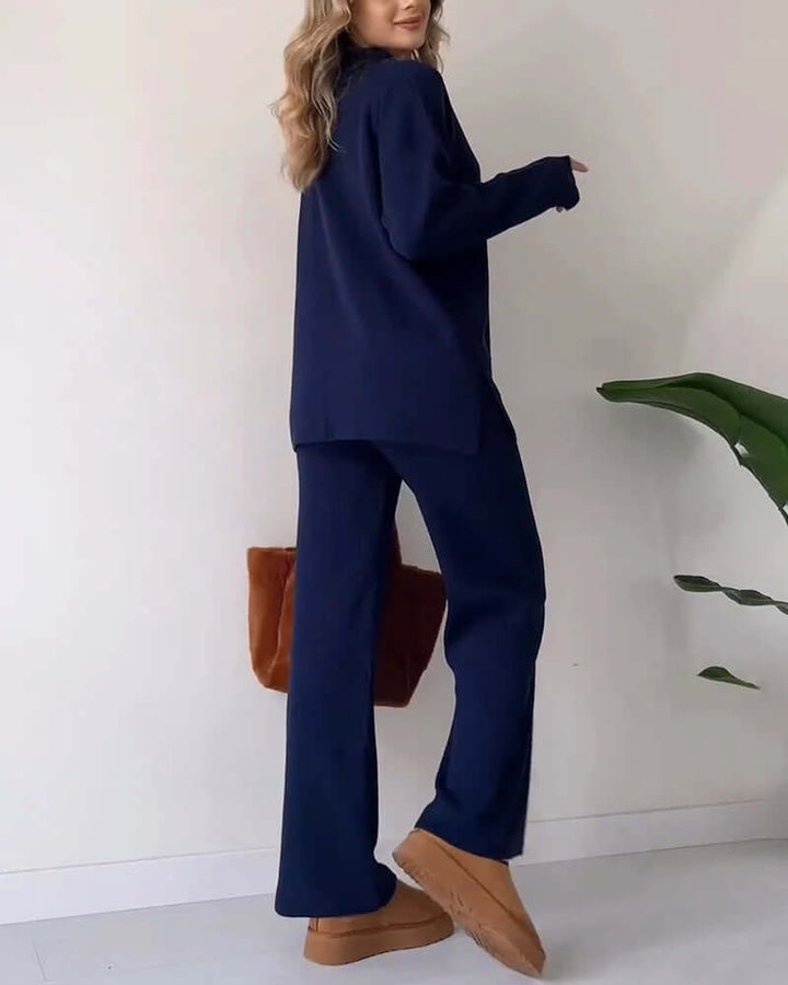 Women's Cozy Knit Loungewear Set: V-Neck Top & Flared Pants