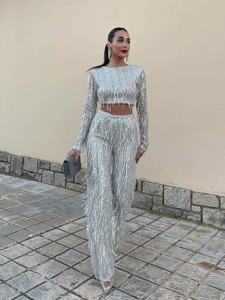 Sequin Crop Top & High-Waisted Pants Set