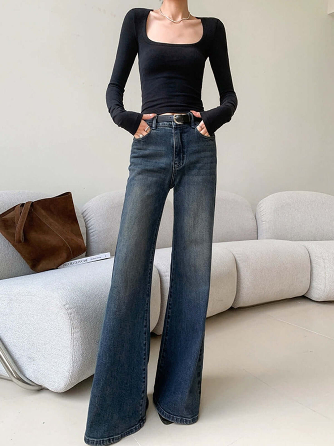 High-Waisted Wide Leg Jeans: Vintage Wash Denim