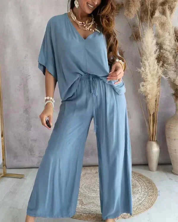 Women's Relaxed Fit Loungewear Set: V-Neck Top & Wide Leg Pants