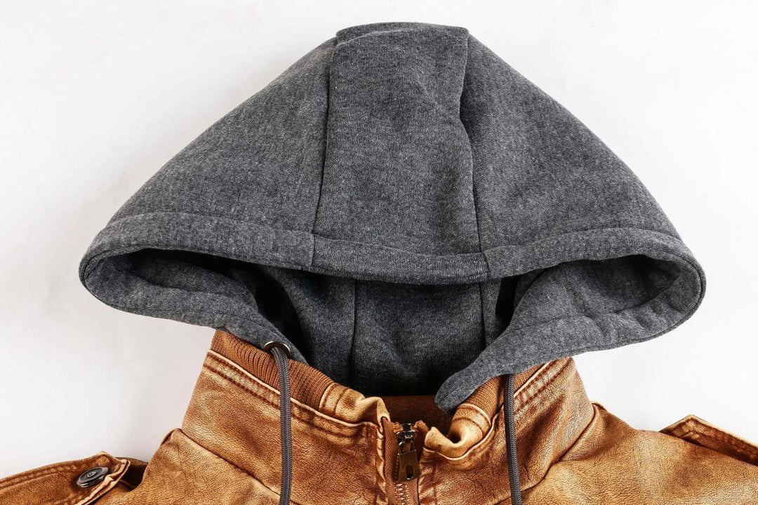 Men's Faux Leather Zip-Up Jacket with Hood