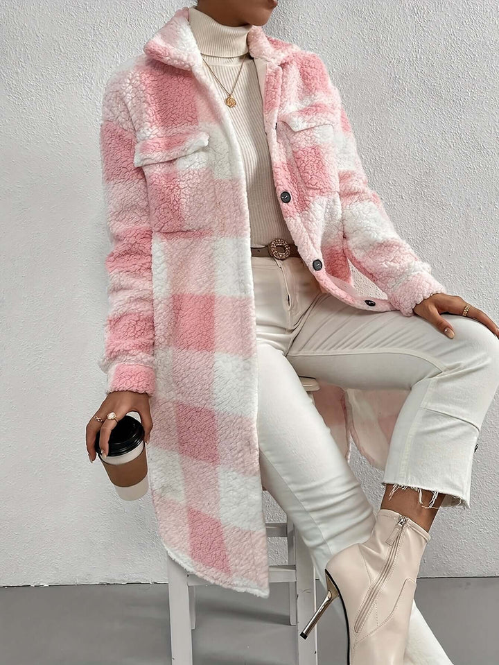 Women's Long Sleeve Checked Coat: Stylish & Warm Outerwear