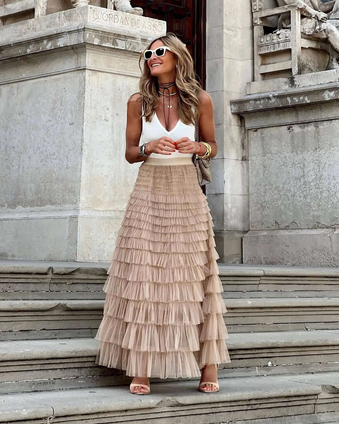 Women's High-Waisted Flowing Tiered Maxi Skirt