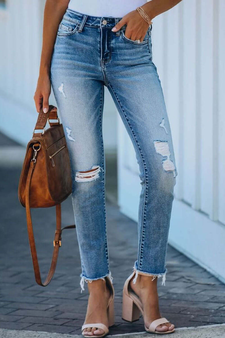 Women's Ripped Skinny Jeans: Distressed Denim Ankle-Length Jeans