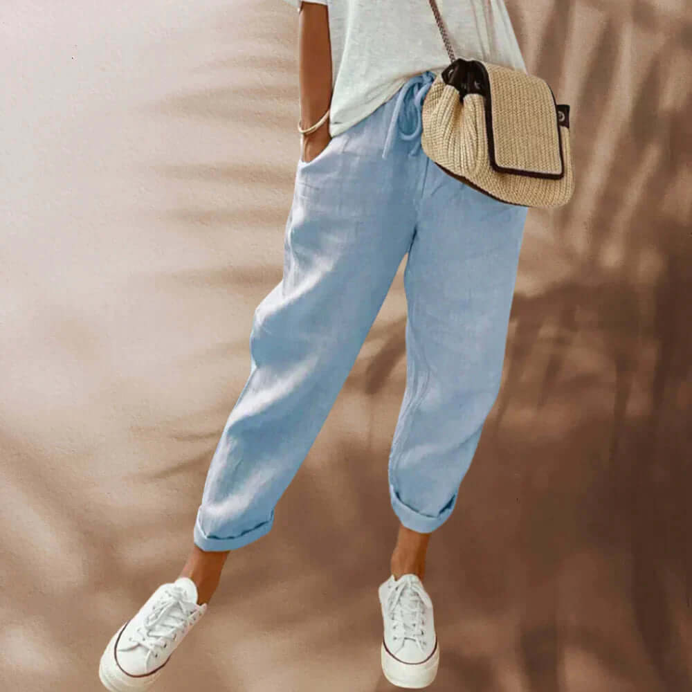 Women's Long Pants with Diagonal Pockets & Tie Belt