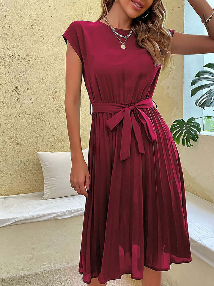 Elegant Midi Dress: Pleated Skirt, Cap Sleeves, Tie Waist