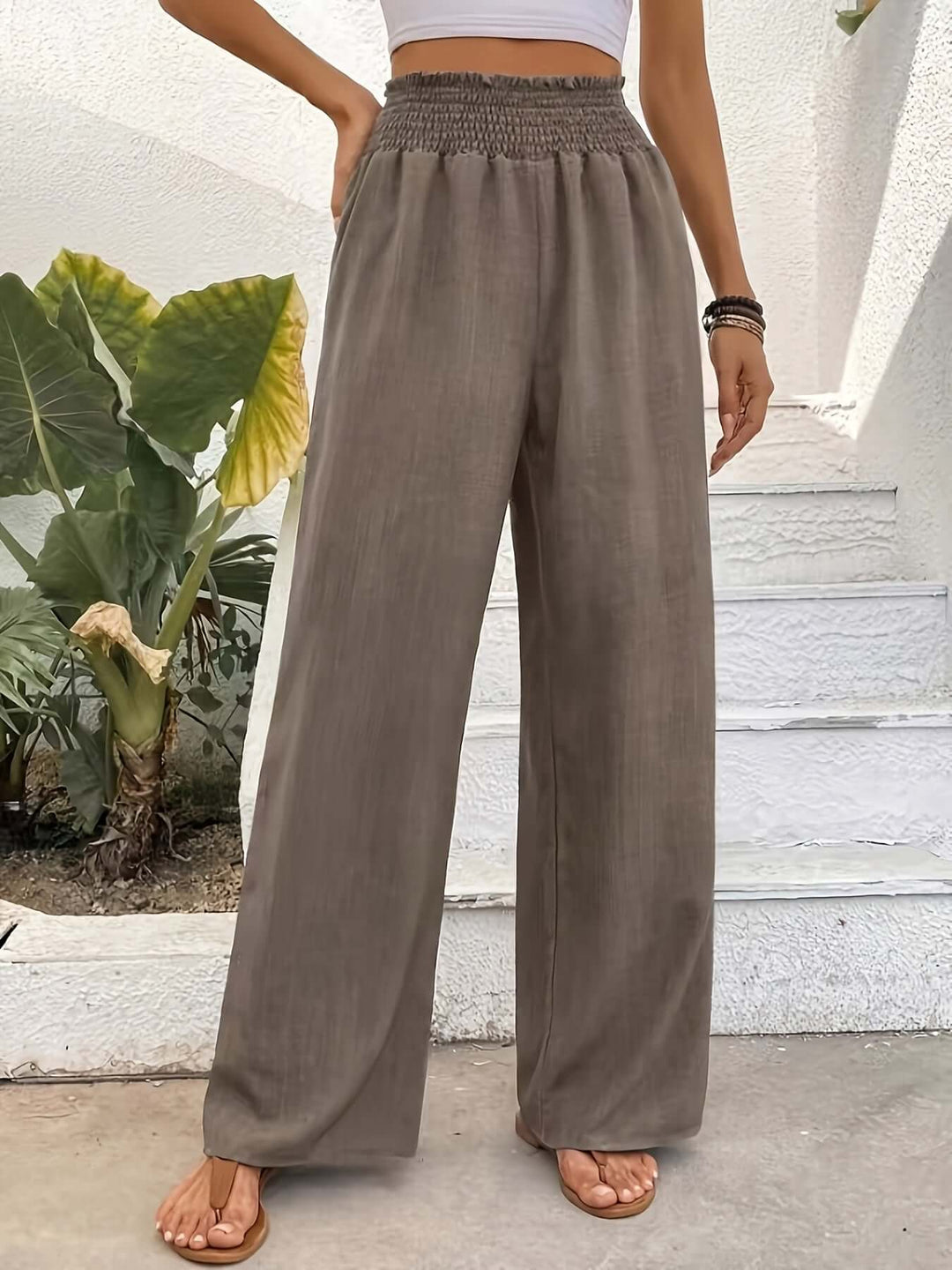 Women's High-Waisted Wide Leg Smocked Pants