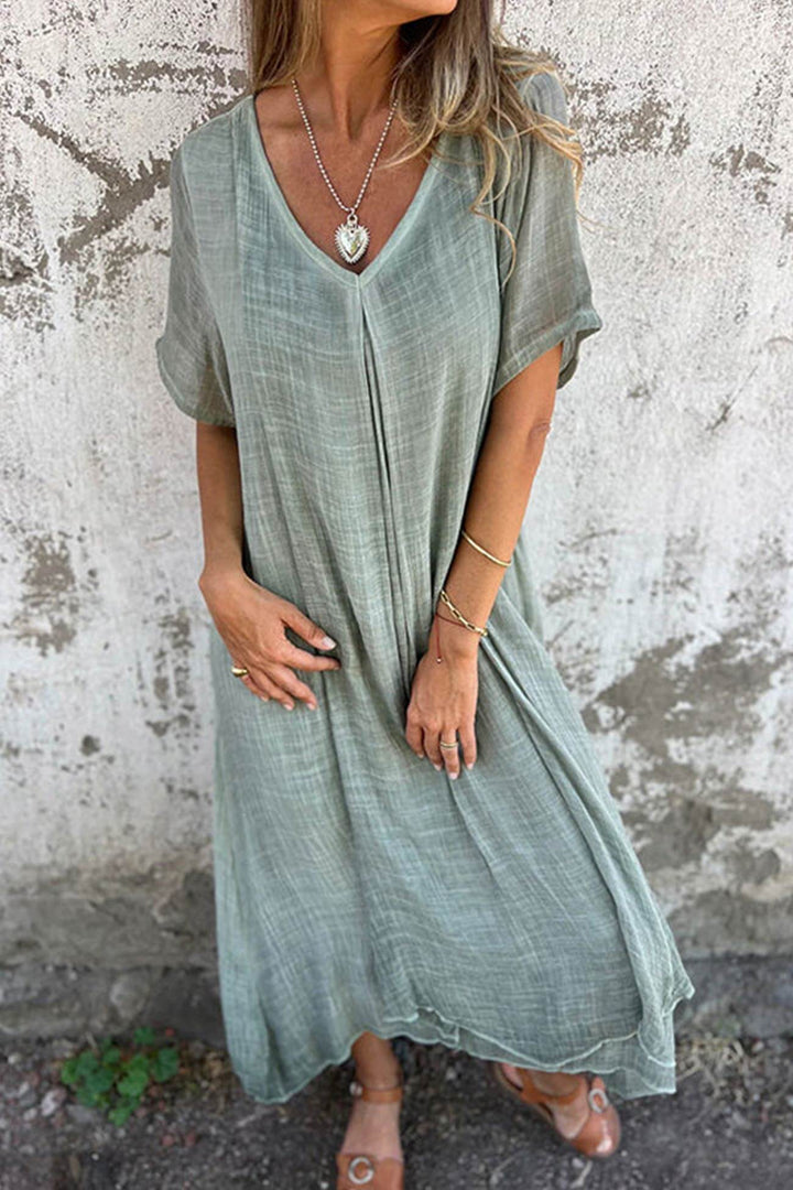 Lightweight Linen Midi Dress: V-Neck, Short Sleeves