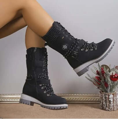 Women's High-Top Lace-Up Boots with Knit Cuff