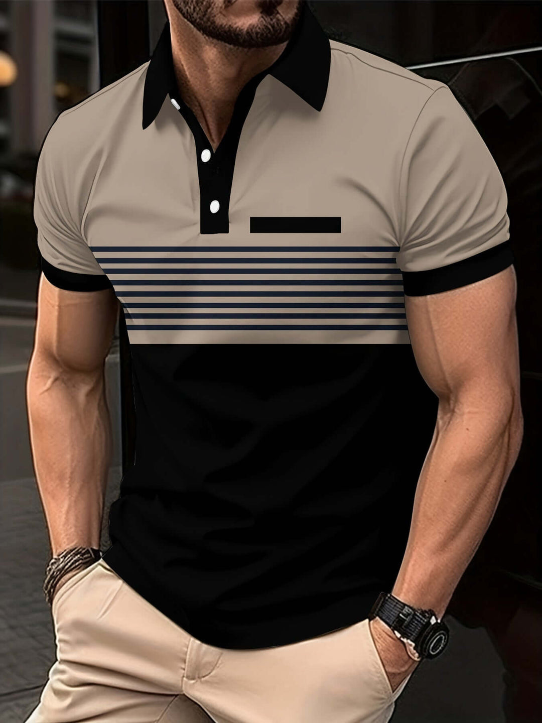 Men's Slim Fit Short Sleeve Polo Shirt with Striped Chest