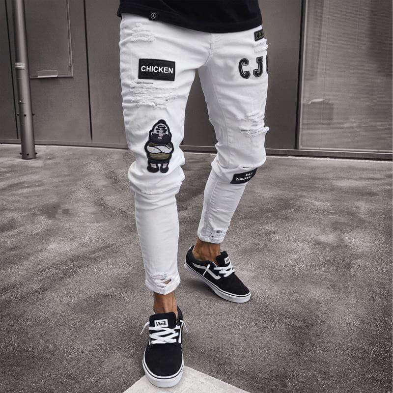 Men's Ankle-Length Skinny Jeans: Distressed Denim with Patches