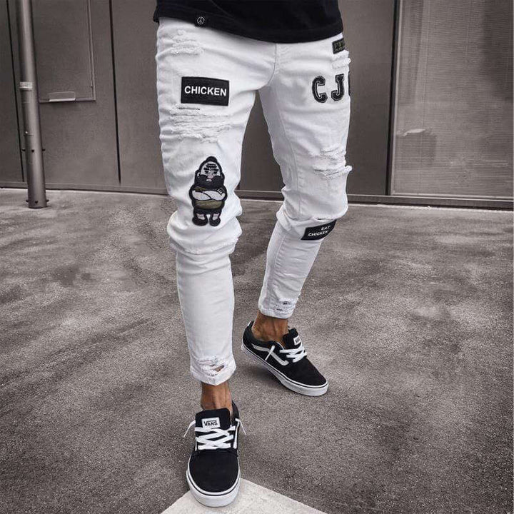 Men's Ankle-Length Skinny Jeans: Distressed Denim with Patches