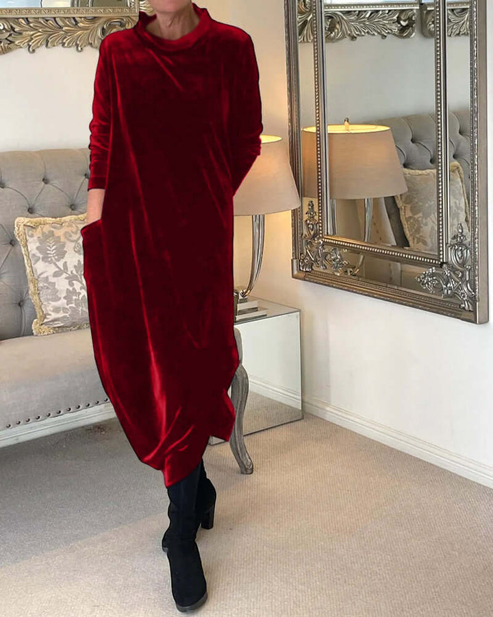 Women's Velvet Drape Dress: Long Sleeve, High Neck