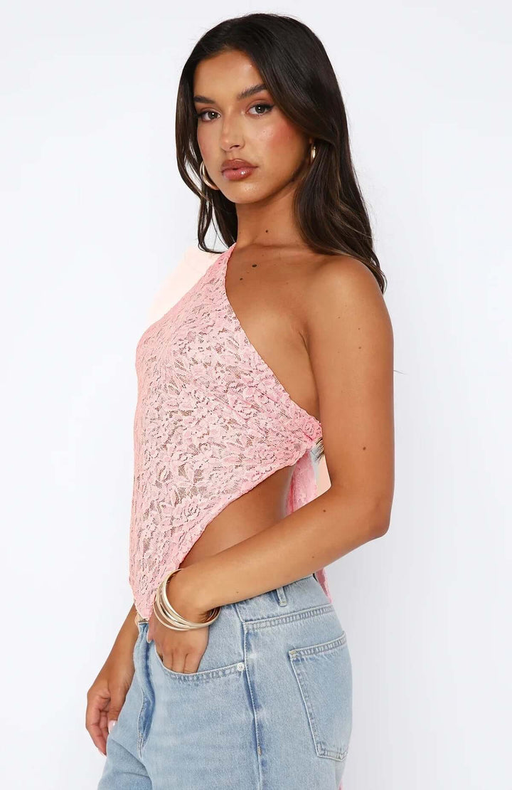 Elegant One-Shoulder Lace Top with Asymmetrical Hem