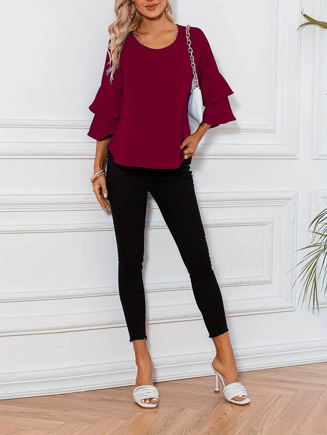 Women's Ruffle Sleeve Blouse - Round Neck, Regular Fit