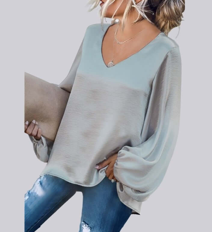 Women's V-Neck Lantern Sleeve Satin Blouse