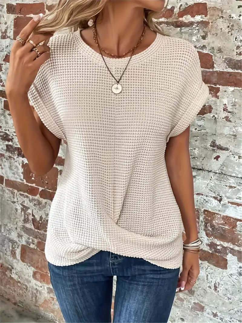 Lightweight Breathable Cotton Blend Top - Casual Round Neck Short Sleeve