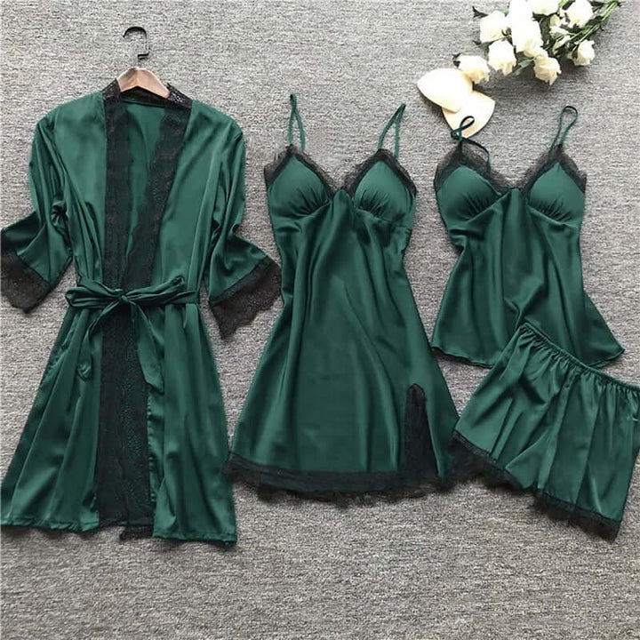 Women's Satin Loungewear Set with Lace Trim