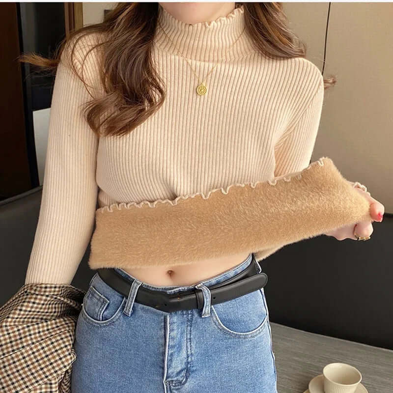 Women's Relaxed Fit Mock Neck Sweater with Ruffled Hem