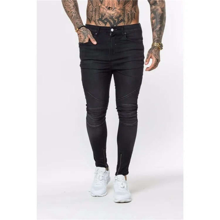 Men's Edgy Skinny Biker Jeans: Low Crotch & Zippers