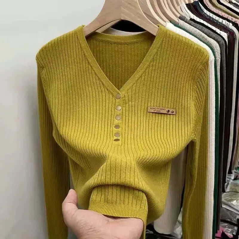 Women's V-Neck Warm Knit Sweater with Button Detail