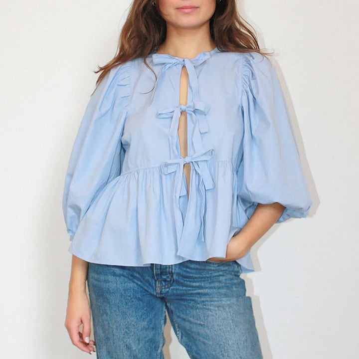 Women's Puff Sleeve Blouse with Bow Detail