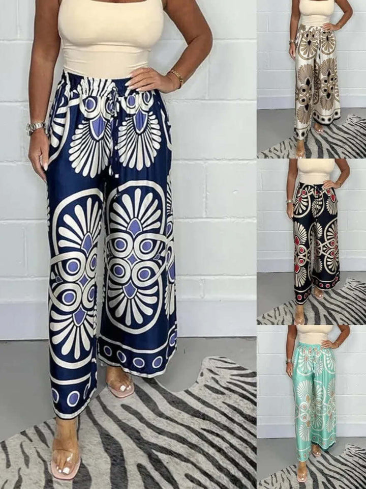 Women's Wide Leg Palazzo Pants: Geometric Print, Elastic Waist