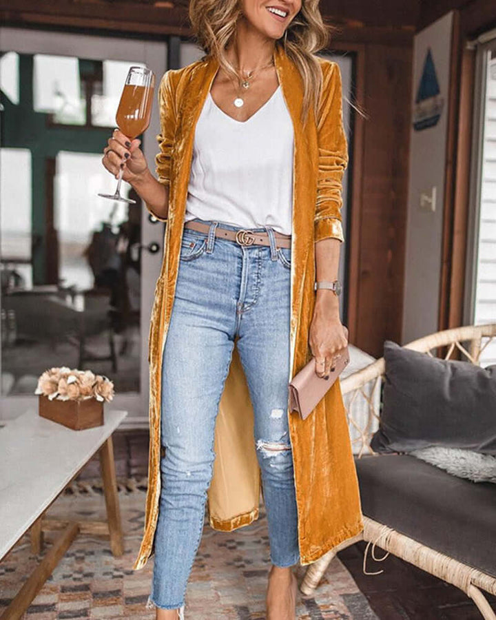 Women's Long Velvet Duster Cardigan - Relaxed Fit, Open Front