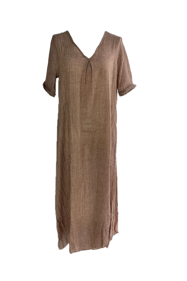 Lightweight Linen Midi Dress: V-Neck, Short Sleeves