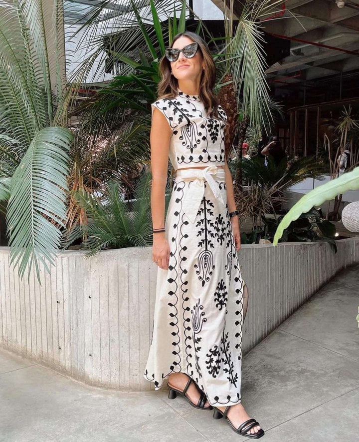 Elegant Women's Embroidered Crop Top & Midi Skirt Set