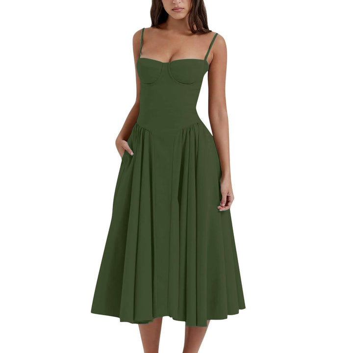 Elegant A-Line Midi Dress with Spaghetti Straps